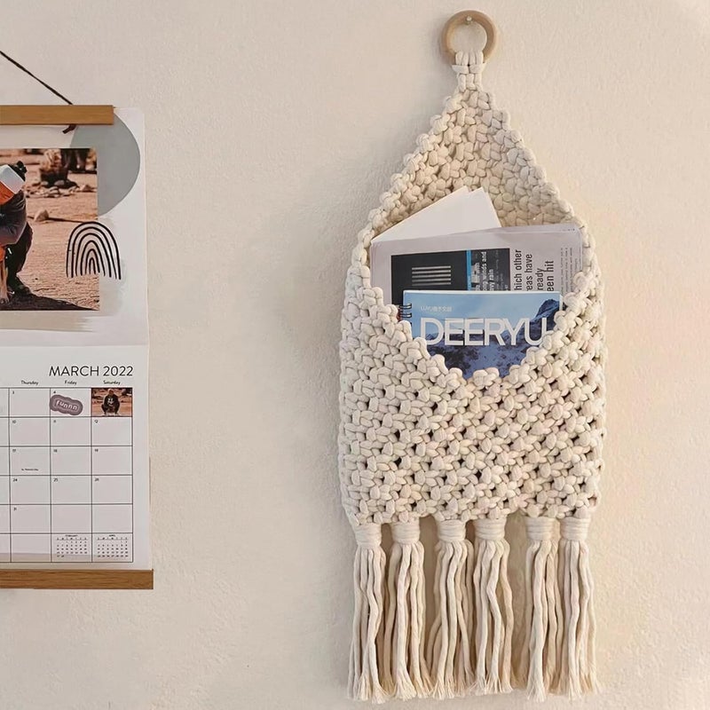 D-werack Macrame Mail Organizer Wall Mounted, Handmade Hanging Woven Basket for Boho Home Office Decor, Over the Door Key Letter Envelope File Holder for Entryway Hallway, White - Image 1